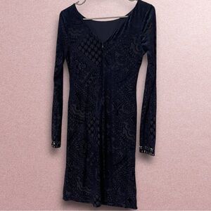 Venus Blue Burnout Velvet Embellished Long Sleeve Dress